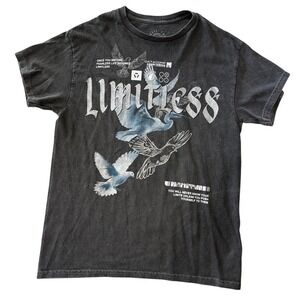 Limitless Graphic T Shirt Dark Gray Birds Print Cotton Crew Neck Size M